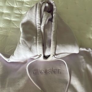Pale lilac Glossier fleece hoodie. Size Medium